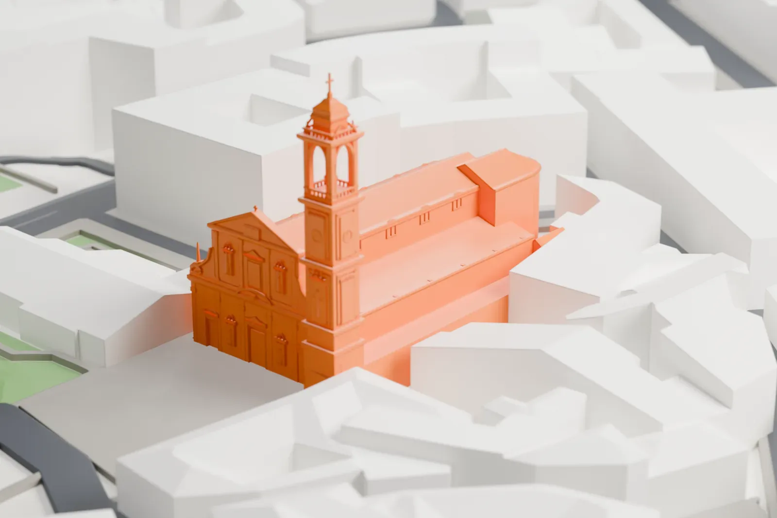 A white 3D print of the Basilica di Santo Stefano Maggiore among the surrounding streets and buildings.