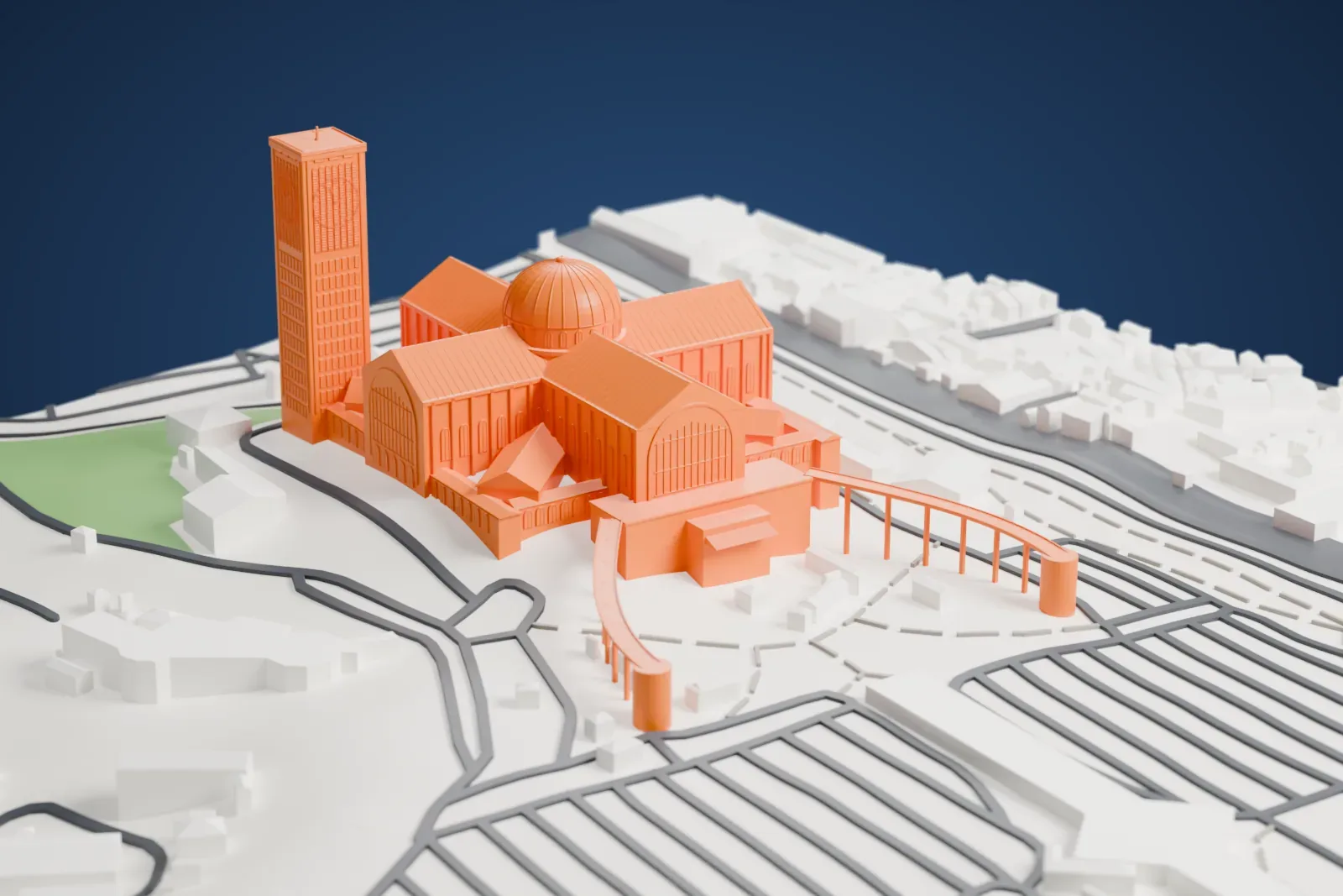 A white 3D print of the Basilica of Our Lady of Aparecida, a cross-shaped church with a ribbed dome and a tall square tower, flanked by curved ramps on slim columns.