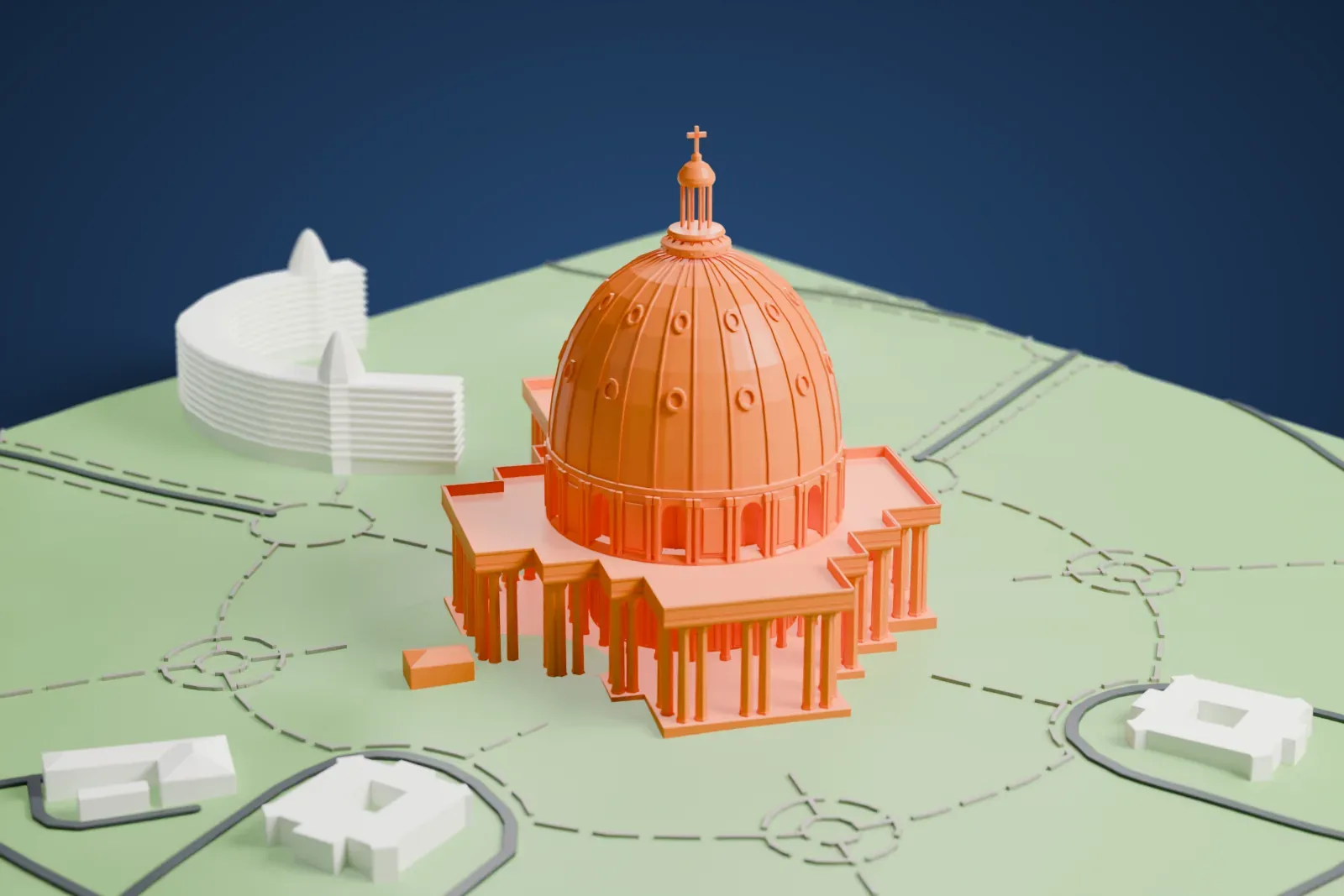 A white 3D print of the Basilica of Our Lady of Peace, a large ribbed dome with a small lantern and cross over a columned building, set on a green lawn with circular paths and roads.