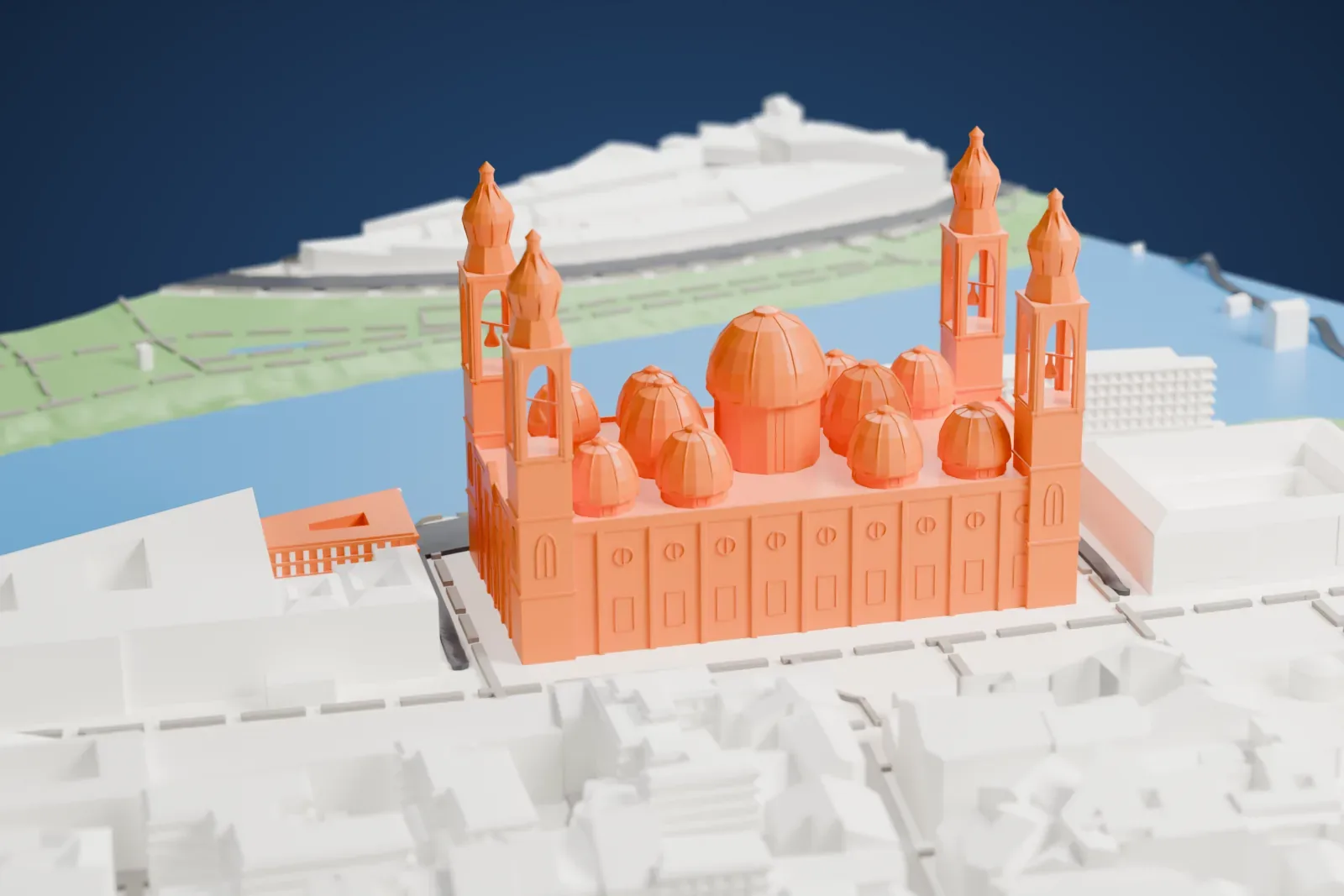 A white 3D print of the Basilica of Our Lady of the Pillar, a large church with a cluster of domes and four slender towers, standing beside water among dense city streets.