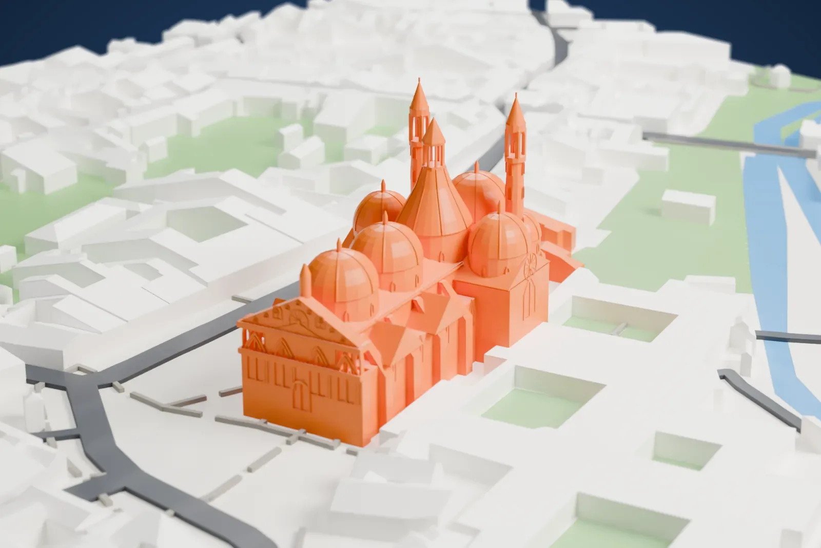 A white 3D print of the Basilica of Saint Anthony of Padua, a church with a cluster of rounded domes, a conical central dome and tall slender towers, among closely packed buildings.