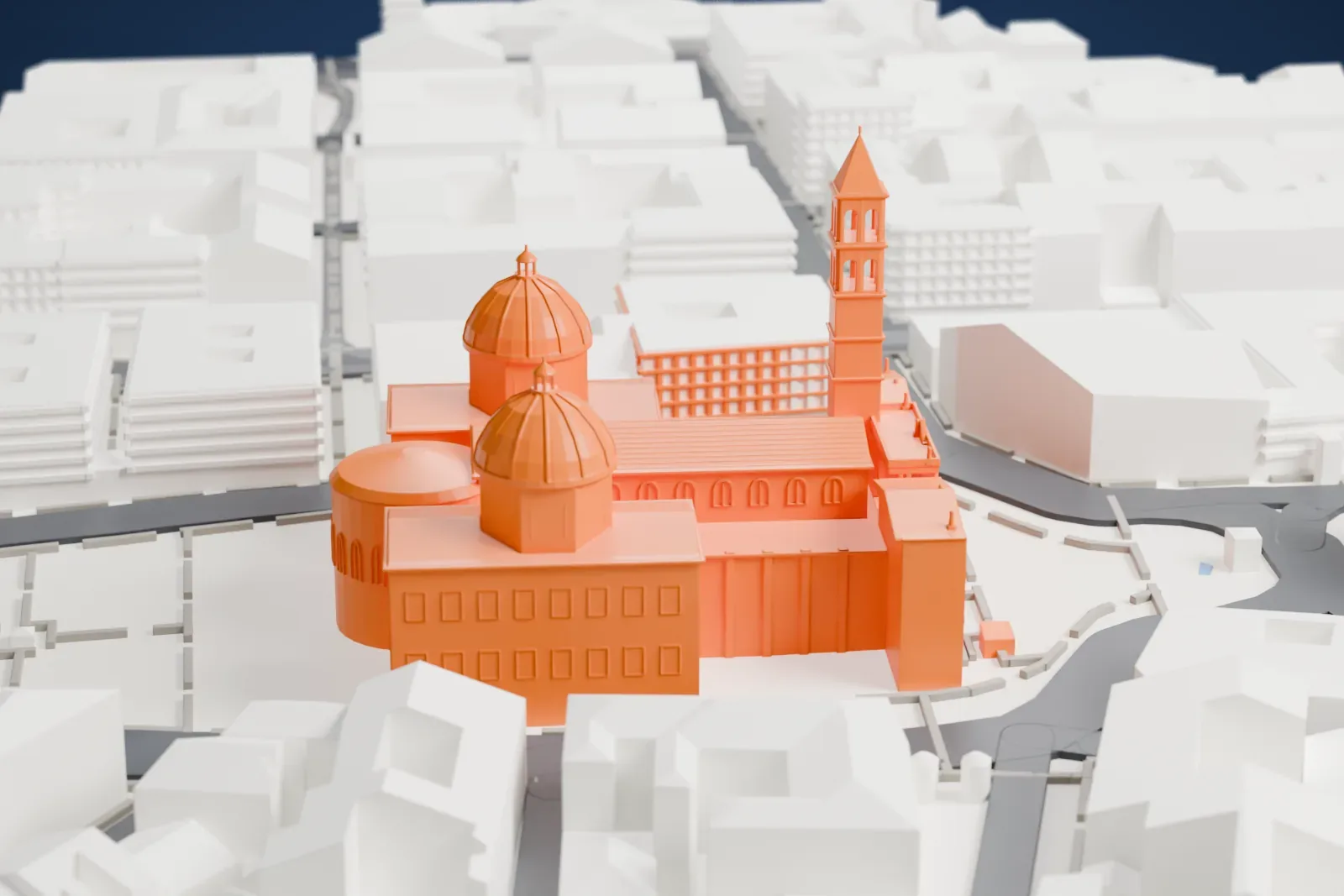 A white 3D print of the Basilica of Saint Mary Major, a church with a tall bell tower, two domes and an arcaded front, packed in among dense city blocks.