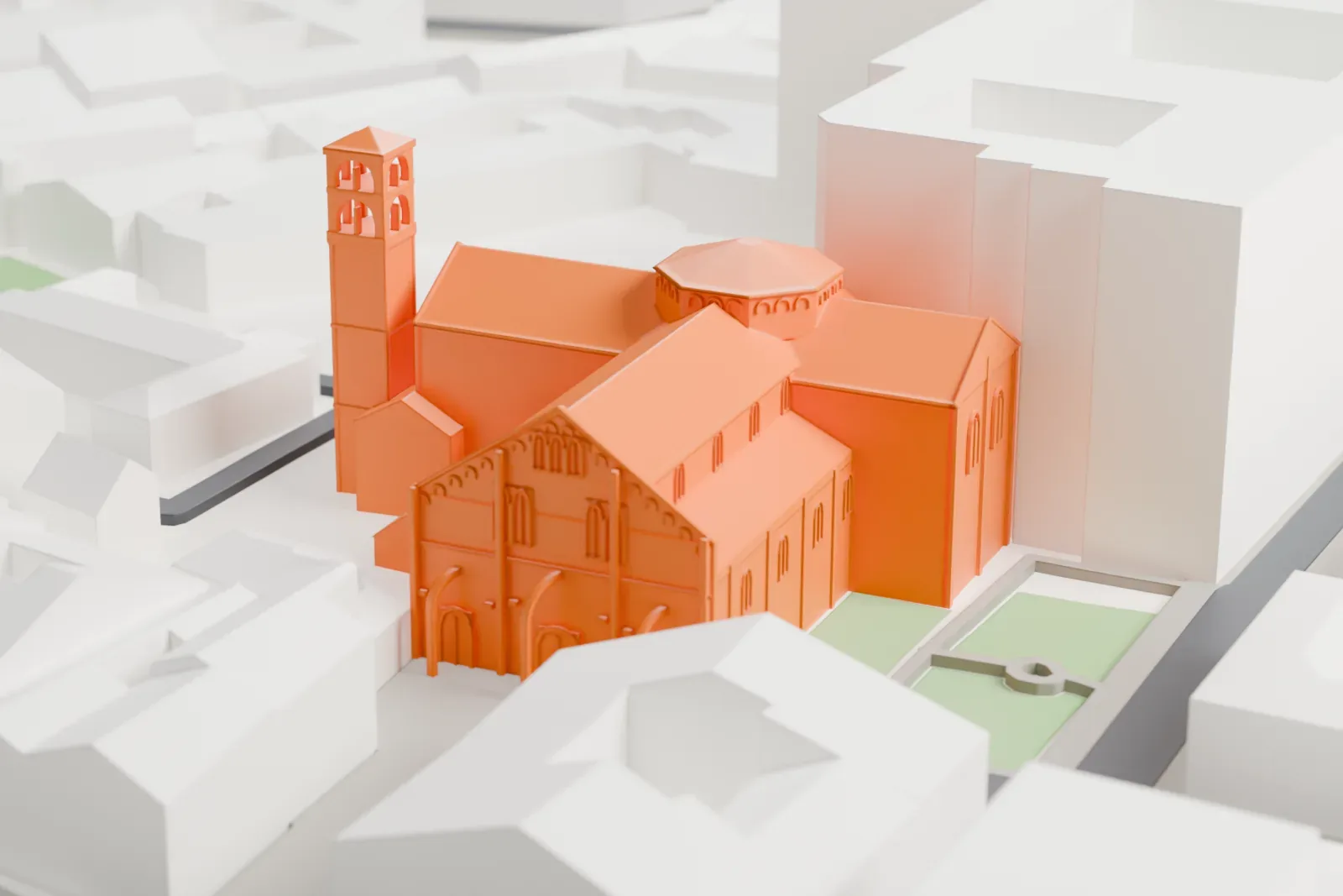 A white 3D print of the Basilica of San Simpliciano, a church among the buildings of central Milan.