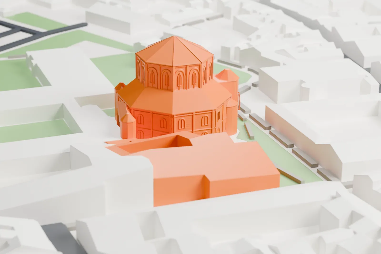 A white 3D print of the Basilica of San Vitale, a compact octagonal church with a tiered roof and small apses, surrounded by gray buildings and green lawns.