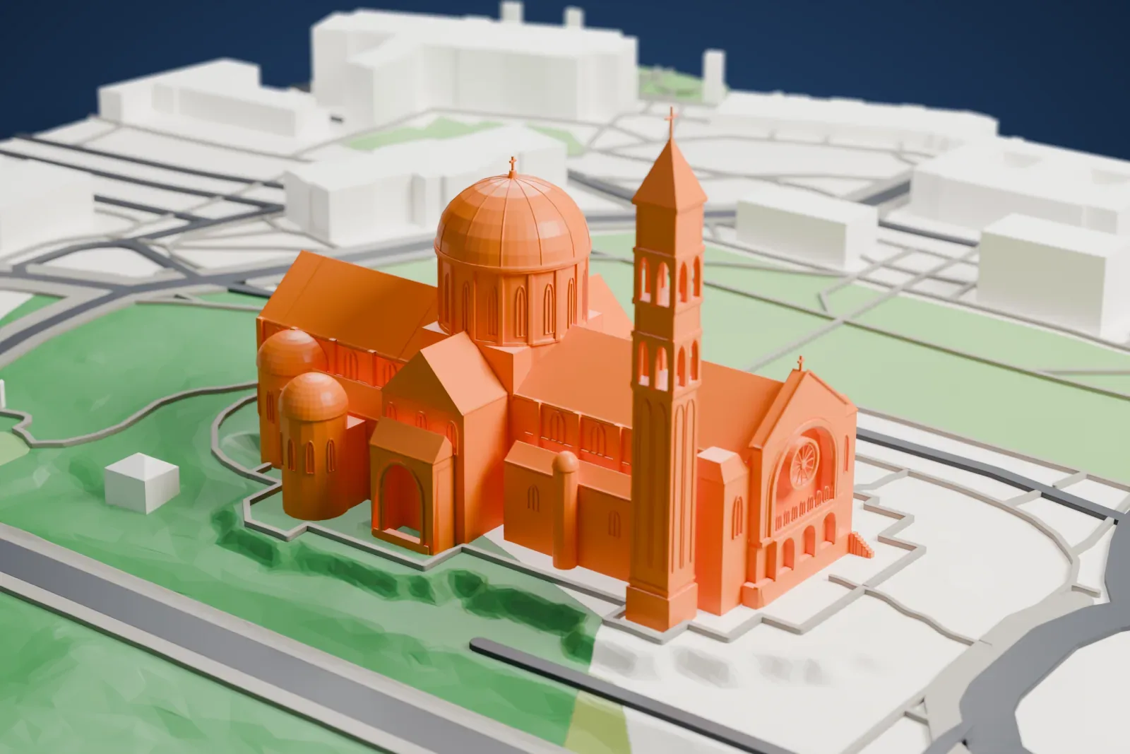 A white 3D print of the National Shrine of the Immaculate Conception, a long, wide church block, set among the surrounding streets and buildings of Washington, D.C.