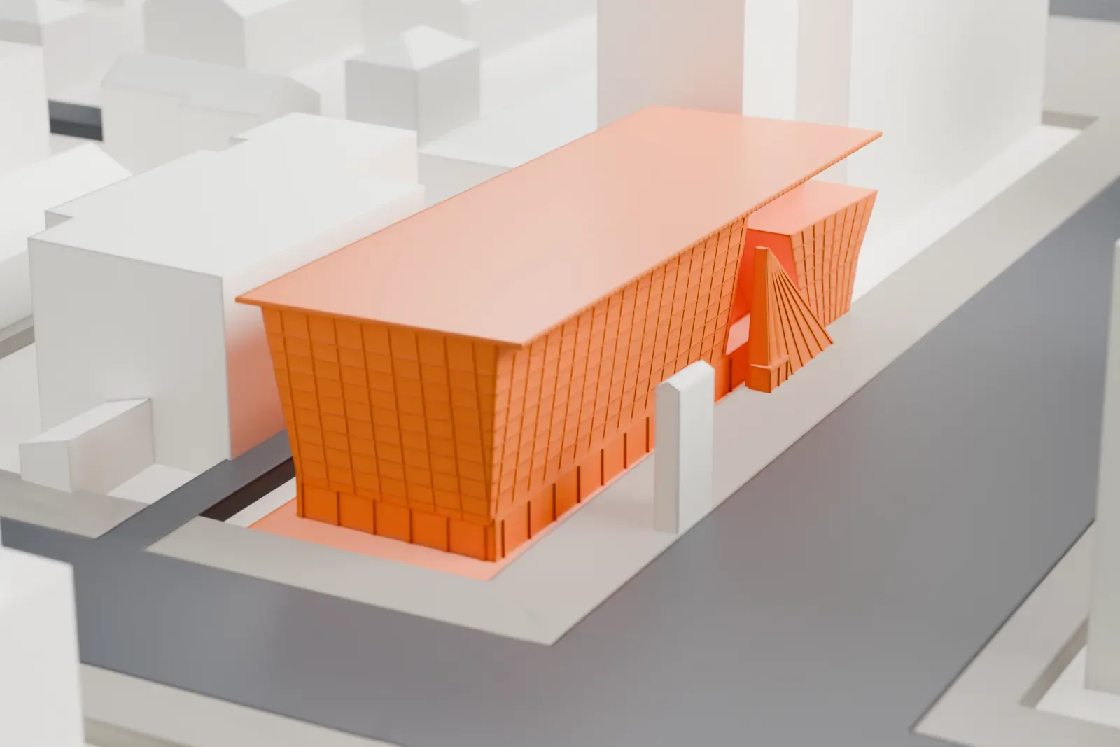 A white 3D print of the Bata Shoe Museum in downtown Toronto, with its tilted roof among surrounding streets and university buildings.
