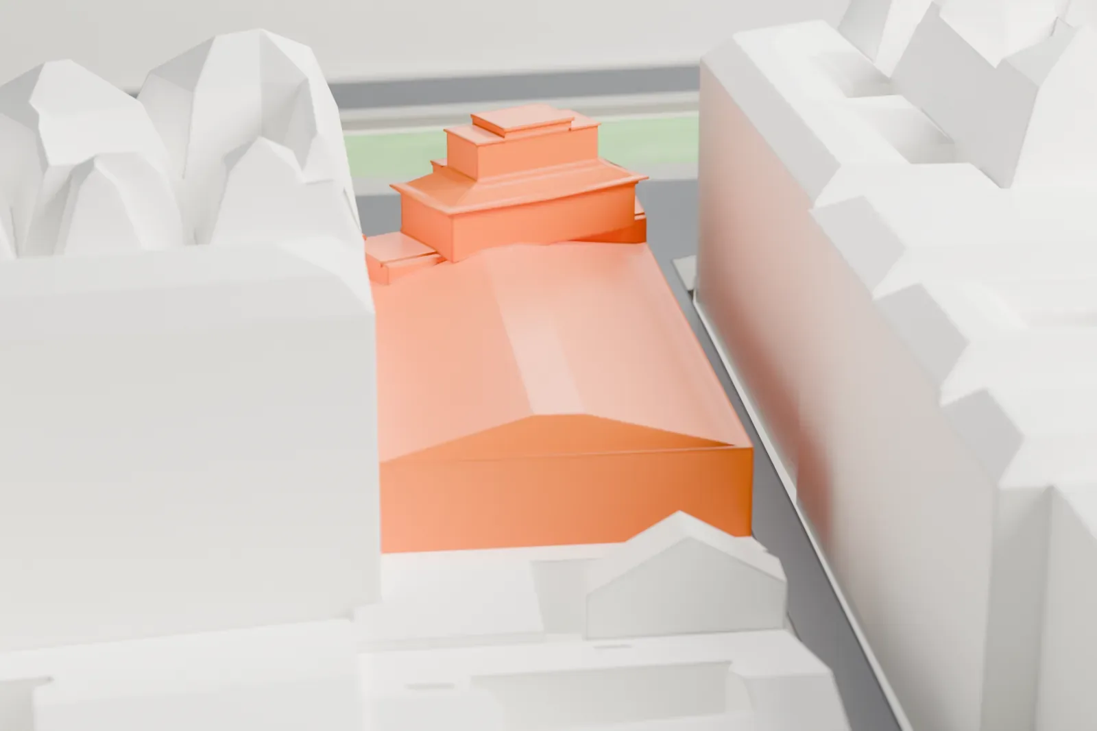 A white 3D print of the Bataclan among the streets and buildings of its Paris neighborhood.