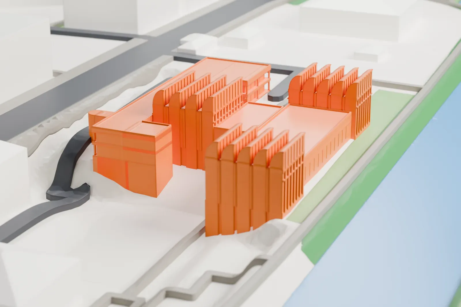 A white 3D print of the Bauhaus Archive beside the Landwehrkanal in Berlin, among the surrounding buildings.