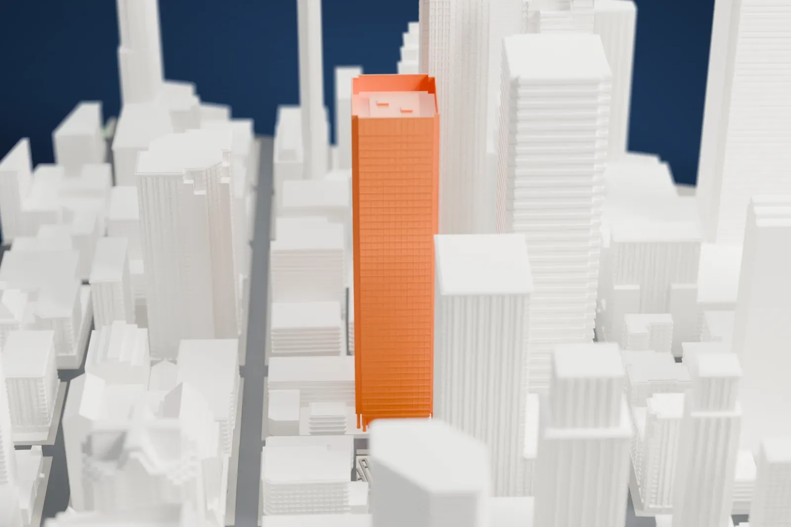 A white 3D print of Bay Adelaide Centre among the surrounding streets and buildings.
