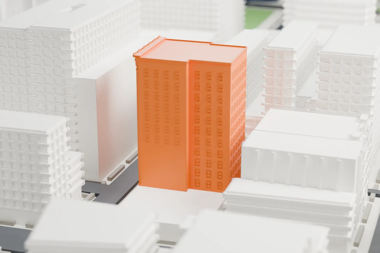 A white 3D print of the Bayard–Condict Building, a tall rectangular block with a decorated top, standing among other buildings.