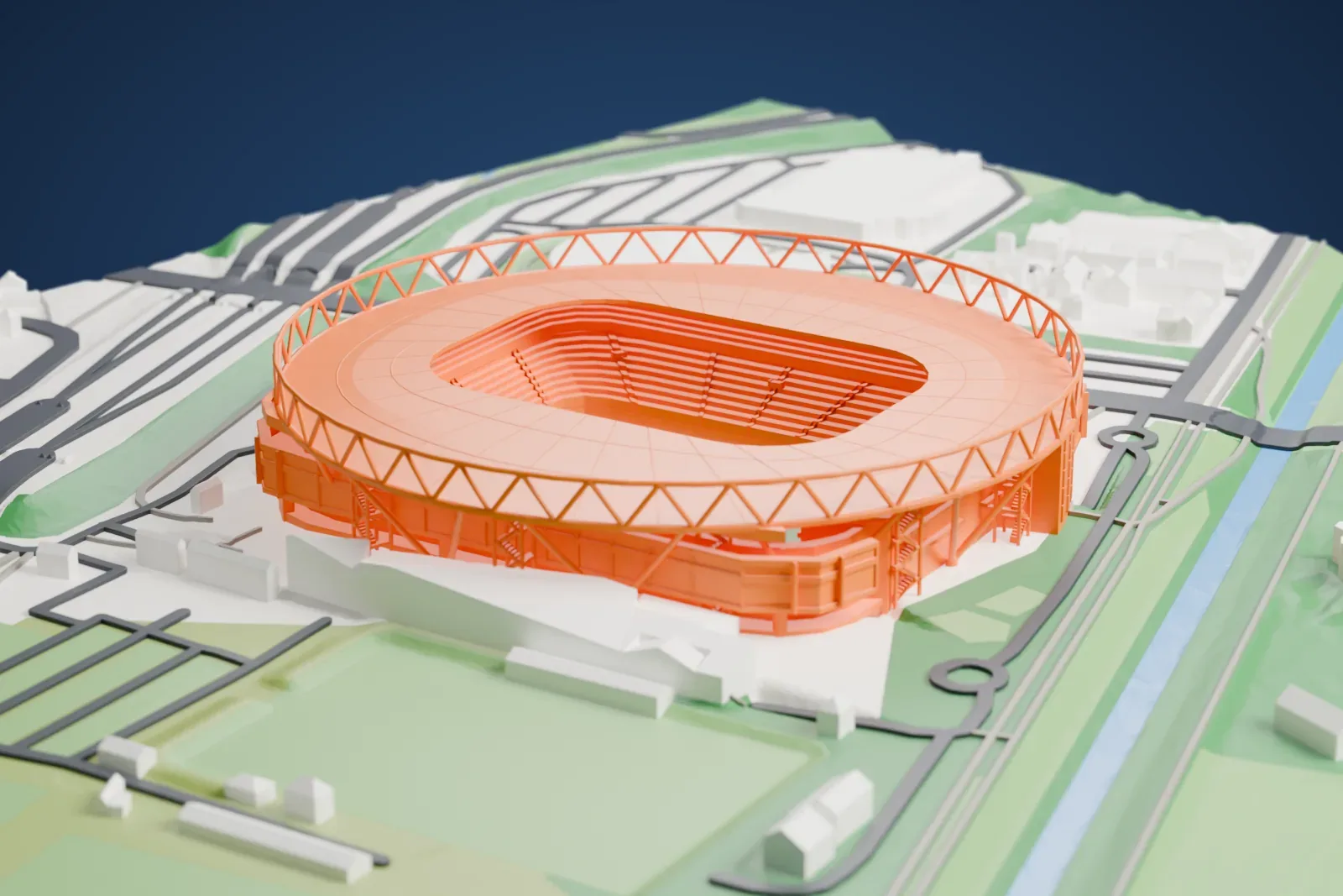 A white 3D print of the BayArena, a horseshoe-shaped football ground, among surrounding streets and buildings.