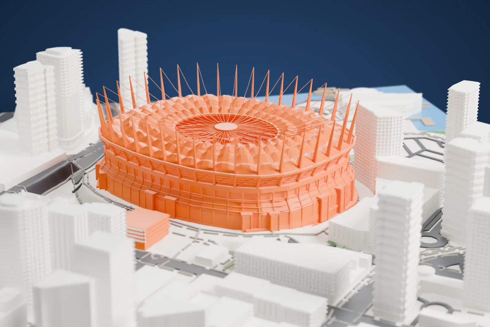 A white 3D print of BC Place, a round stadium with a ring of tall slender masts and cables over its roof, surrounded by tall buildings and roads.