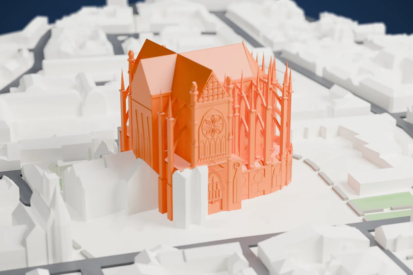 A white 3D print of Beauvais Cathedral, a tall Gothic church with a ring of flying buttresses and slender pinnacles around its east end and a plain flat west wall, among dense town buildings.