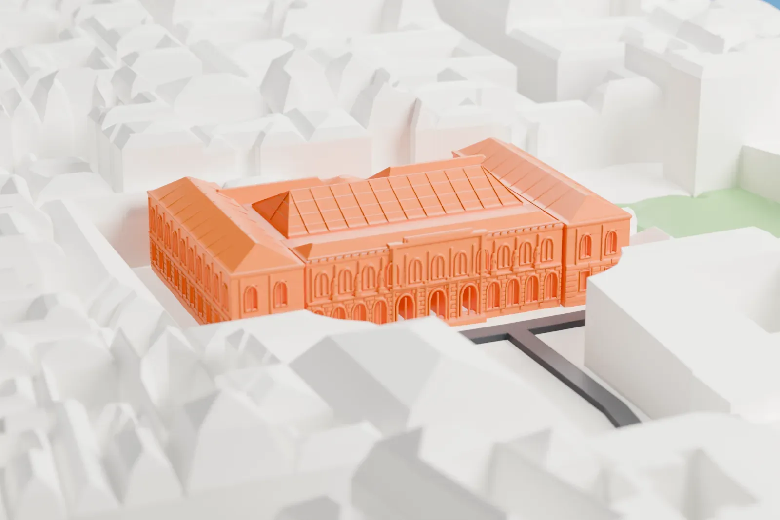 A white 3D print of Beaux-Arts de Paris, a group of buildings around a courtyard, among the surrounding streets and buildings of Saint-Germain-des-Prés.