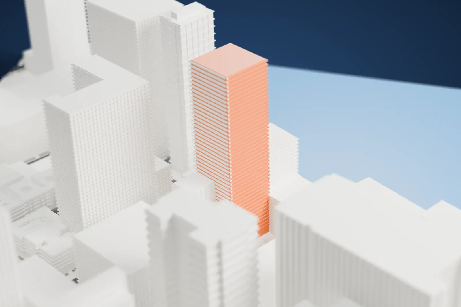 A white 3D print of the Belaire, a tall tower with a stepped crown, standing among large neighboring buildings with water beyond.