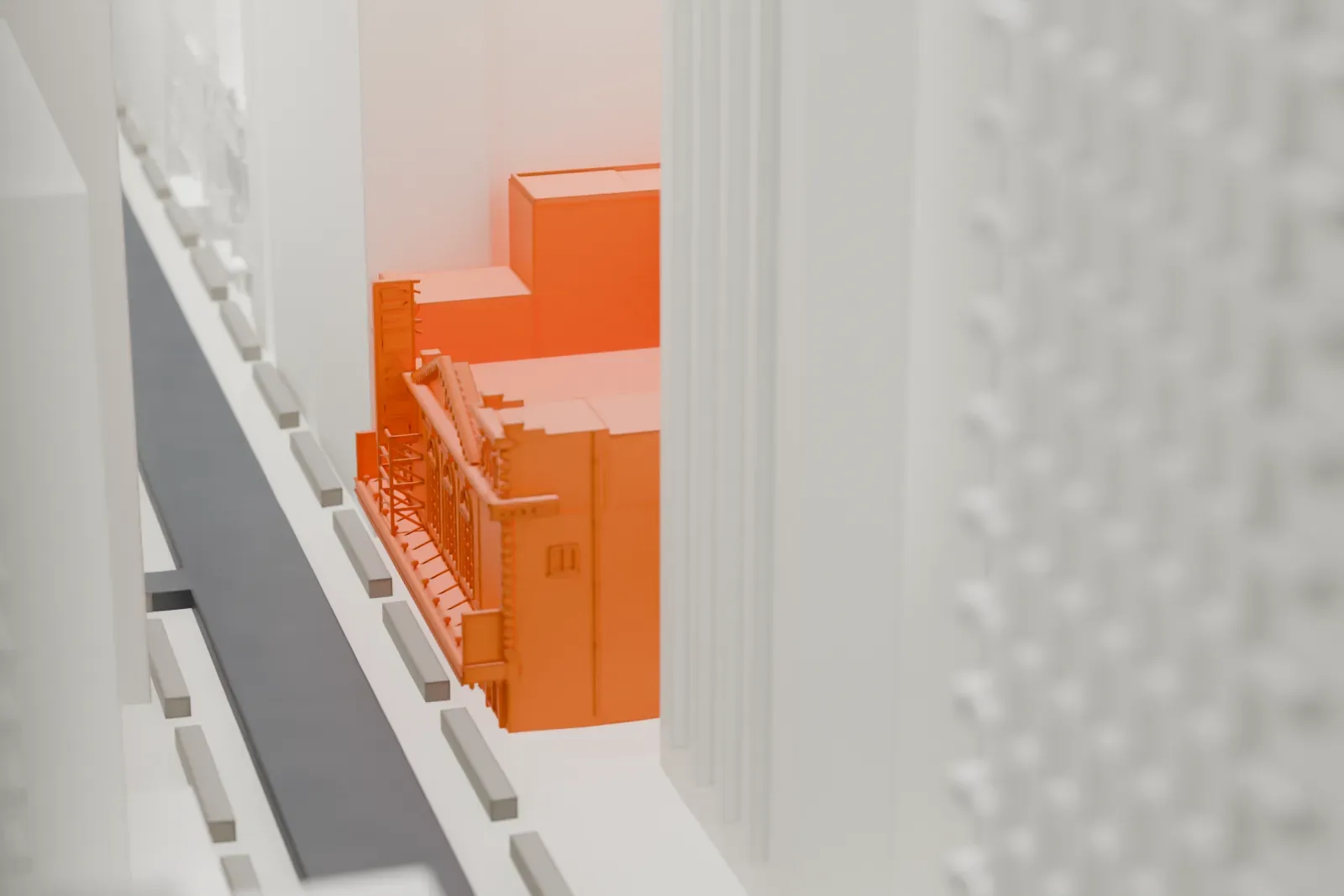 A white 3D print of the Belasco Theatre, a low block almost hidden between tall buildings in Midtown.