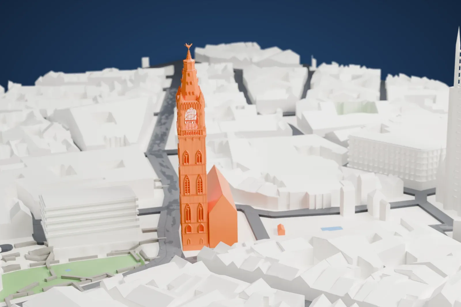 A white 3D print of the Belfry of Ghent, a tall tower with rows of pointed windows and a pinnacled spire, standing among densely packed old-town buildings.