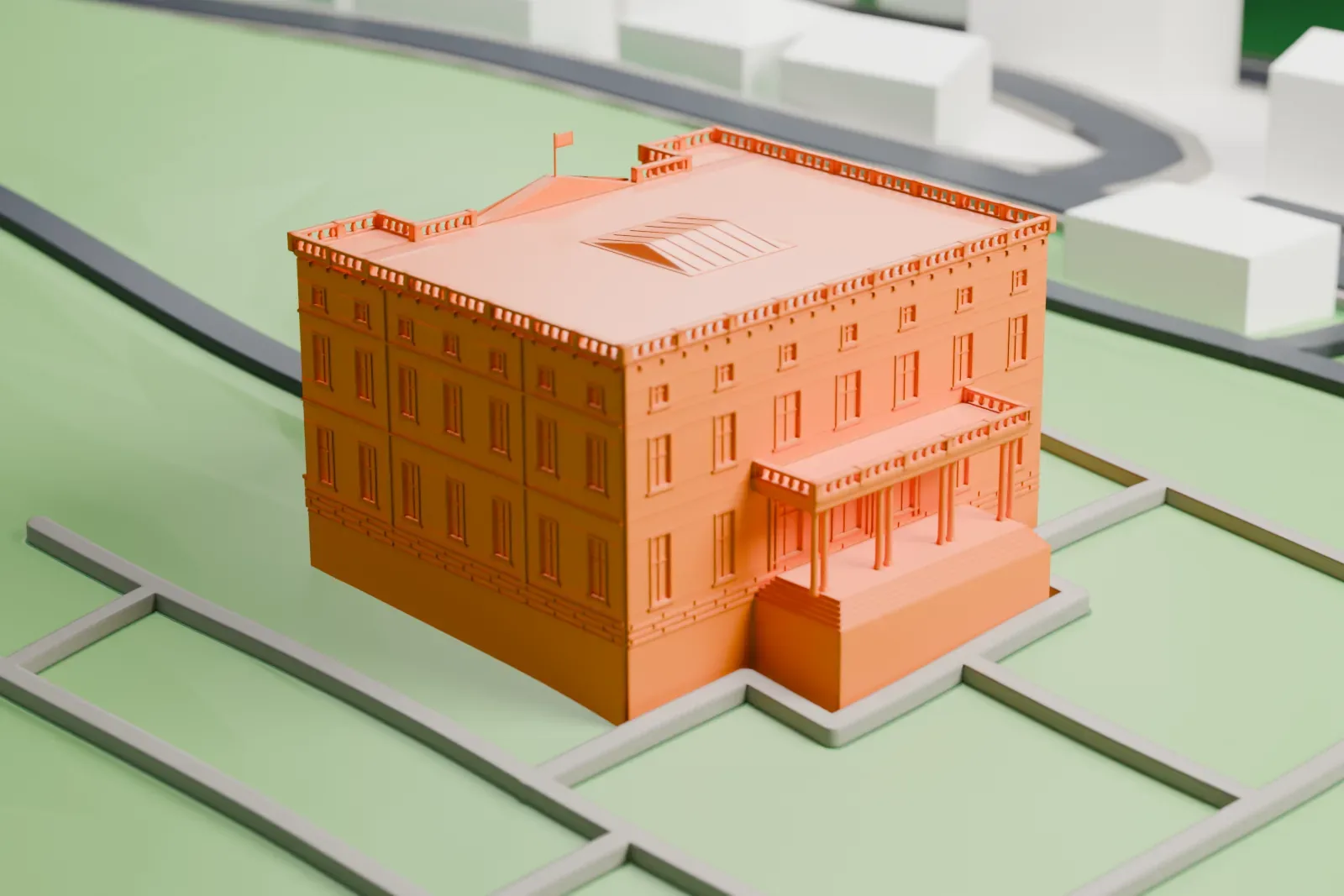 A white 3D print of Beli dvor, a white classical palace with a columned portico, pediment and balustraded flat roof, among the surrounding streets and buildings of Belgrade's Dedinje neighborhood.