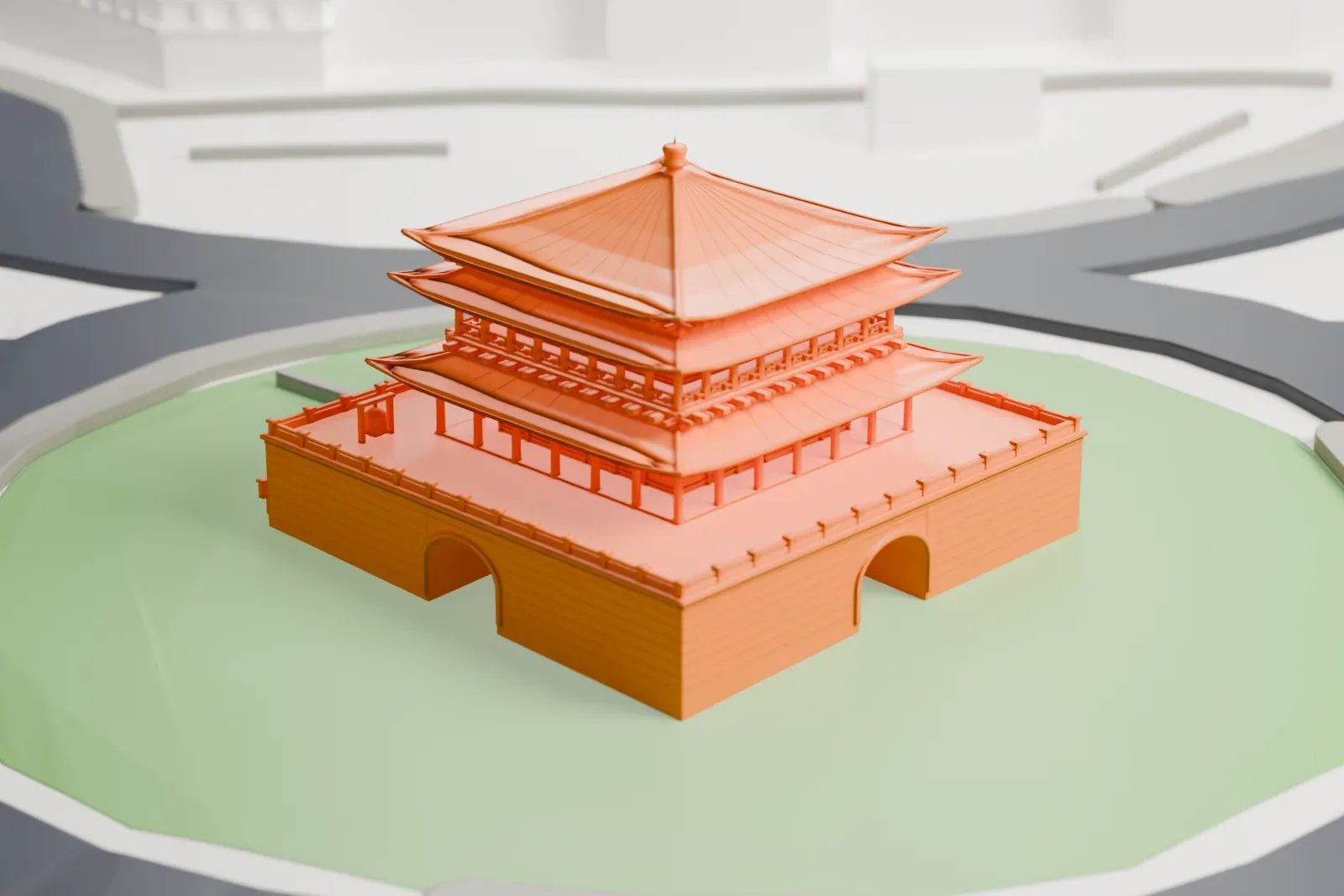 A white 3D print of the Bell Tower of Xi'an, a square tower with three curved roofs and a slender finial, standing among the streets and buildings of the city.