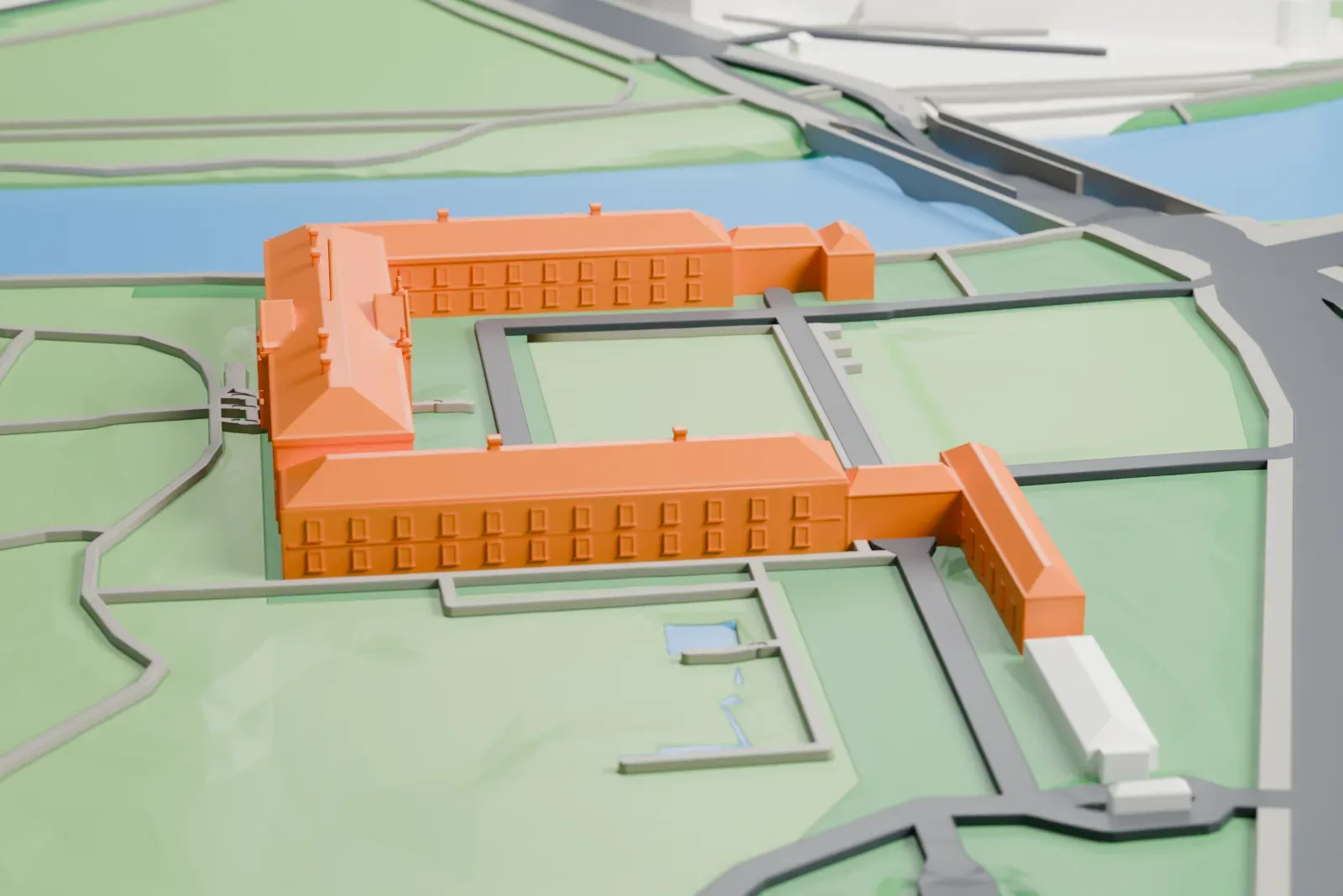 A white 3D print of Bellevue Palace, a wide Neoclassical building with side wings, beside the Spree river and the trees of the Großer Tiergarten.