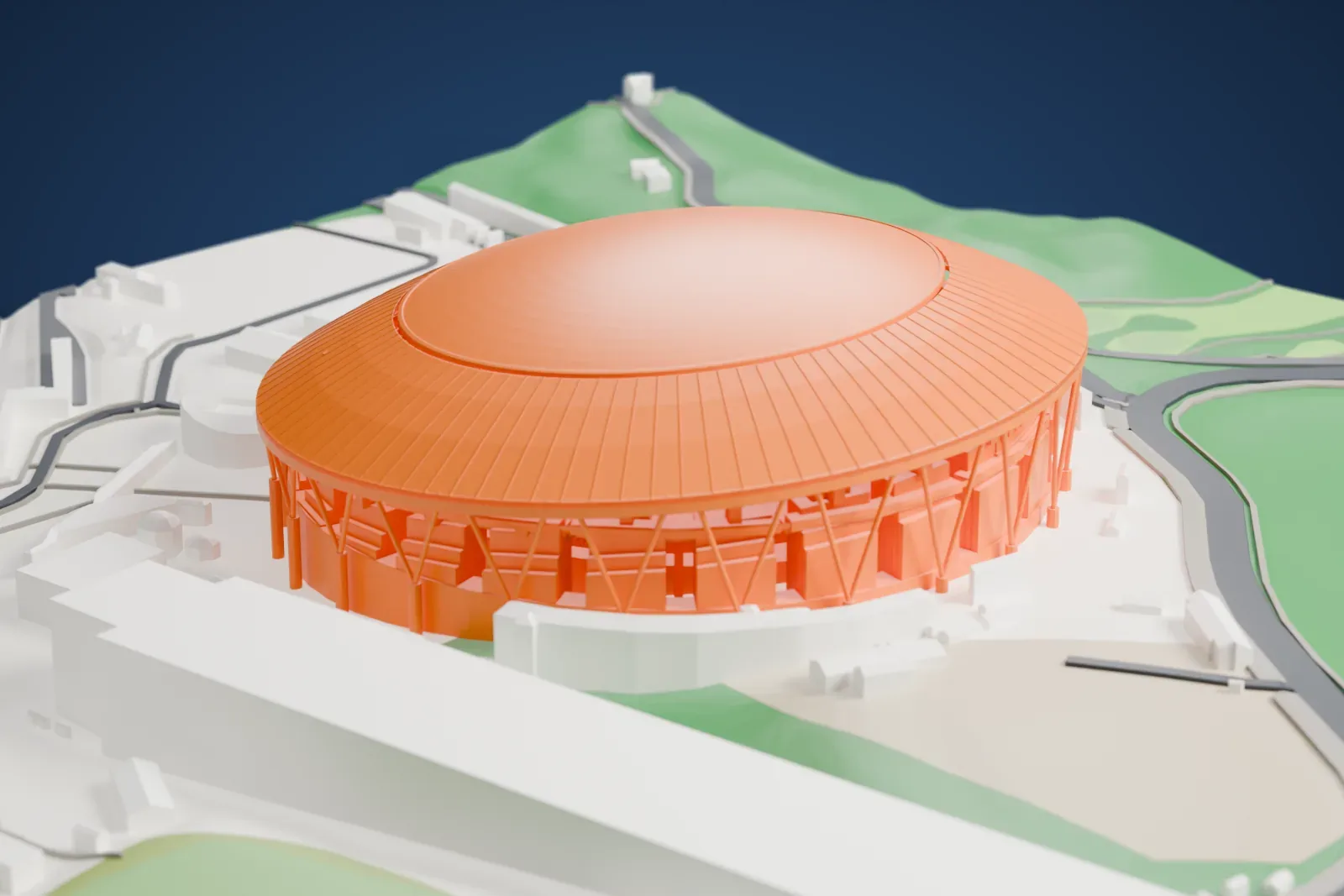 A white 3D print of Belluna Dome, with its broad domed roof carried on V-shaped supports, among surrounding streets and buildings.
