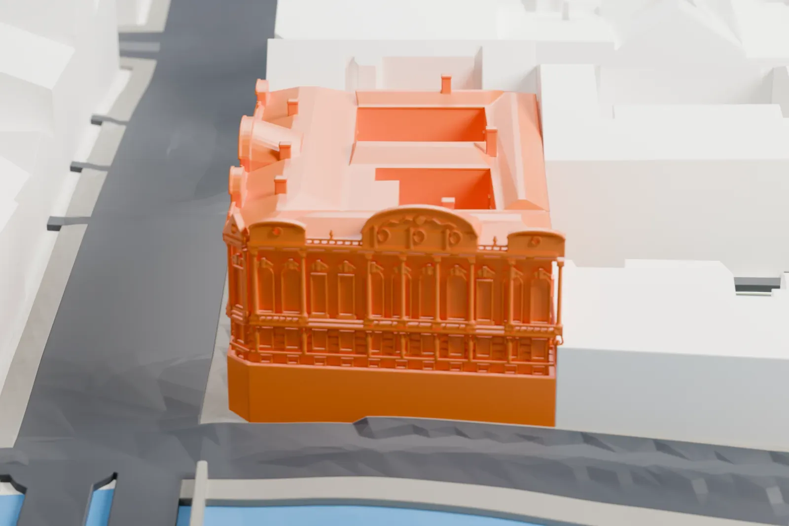 A white 3D print of the Beloselsky-Belozersky Palace, its rococo facade facing the street and canal, with surrounding buildings.