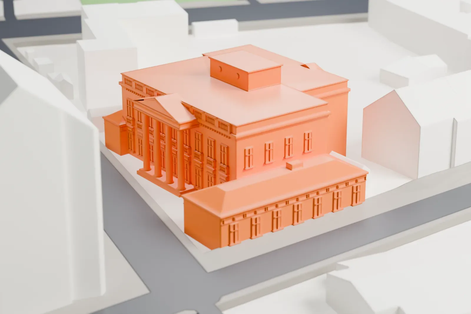 A white 3D print of the Belweder, a low neoclassical palace among the surrounding buildings near Warsaw's Royal Baths Park.