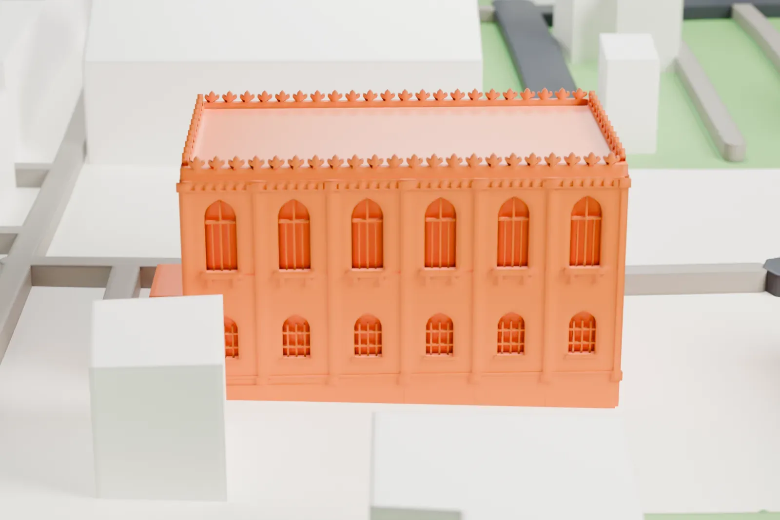 A white 3D print of the Ben Ezra Synagogue among the surrounding streets and buildings of Old Cairo.