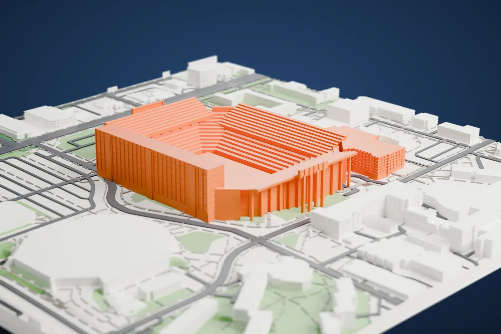 A white 3D print of Ben Hill Griffin Stadium, a large stepped football bowl with thin vertical ribs and two round ramp towers, surrounded by buildings, roads and parking lots.