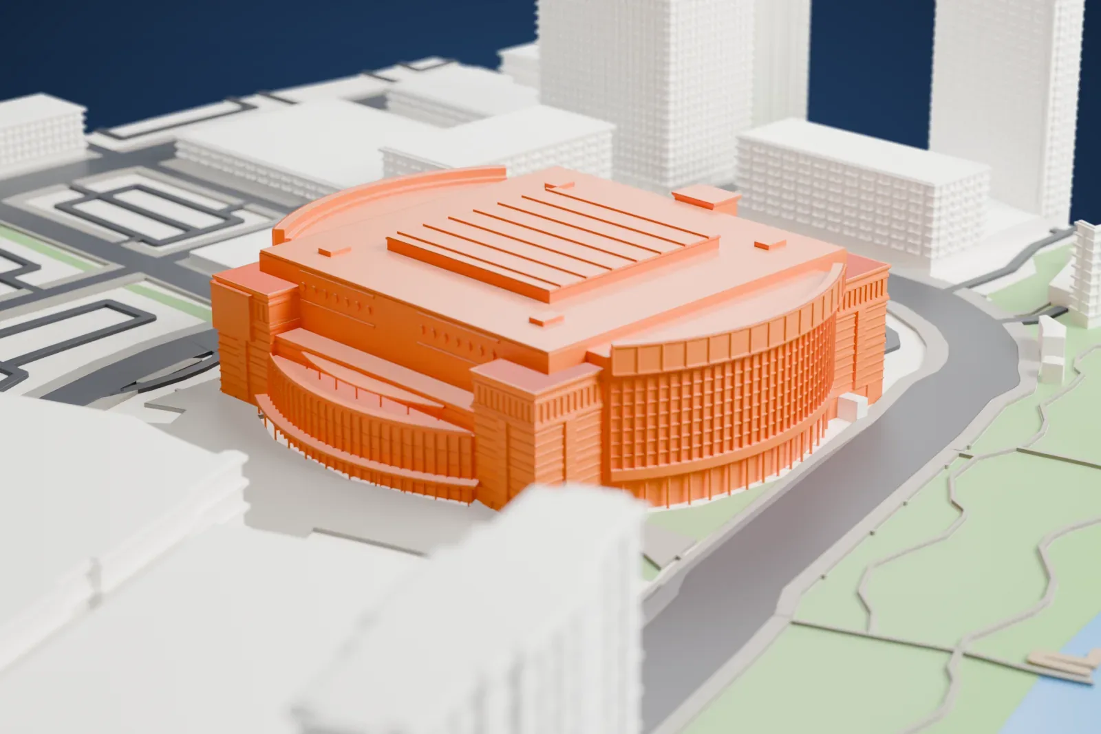 A white 3D print of Benchmark International Arena in Tampa, shown among the surrounding streets and buildings.