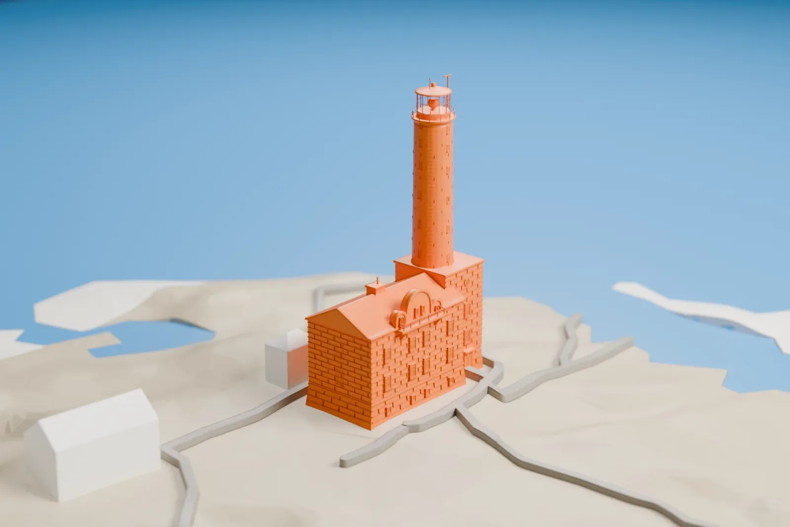 A white 3D print of Bengtskär Lighthouse, a tall round tower with a lantern gallery rising beside a large block-shaped building on a rocky island surrounded by water.