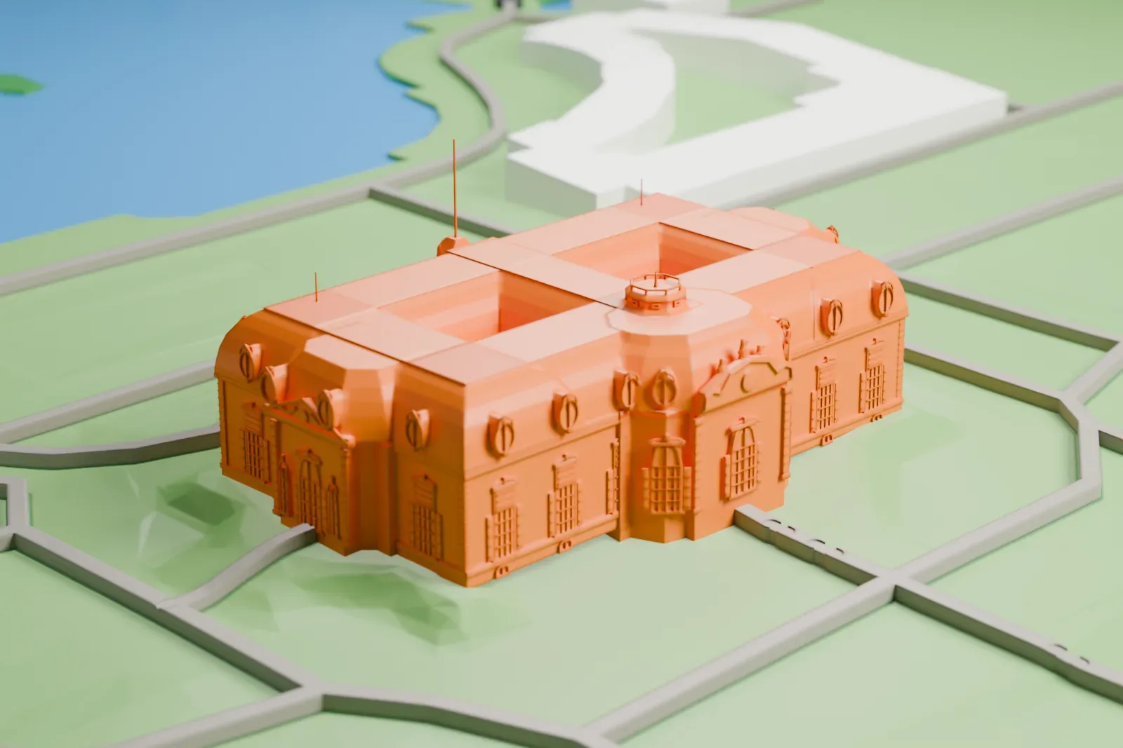 A white 3D print of Benrath Palace with its two arched wings around the circular pond, in its park in Düsseldorf.