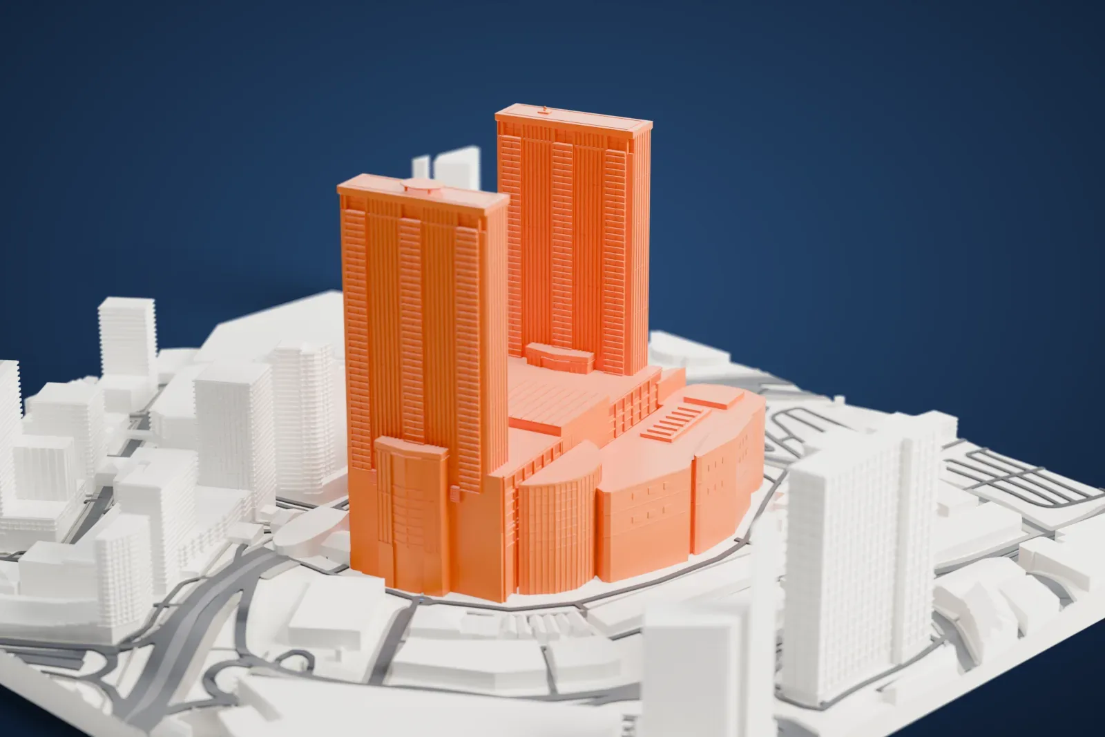 A white 3D print of Berjaya Times Square, twin slender towers rising from a long shopping mall podium, among surrounding city buildings.