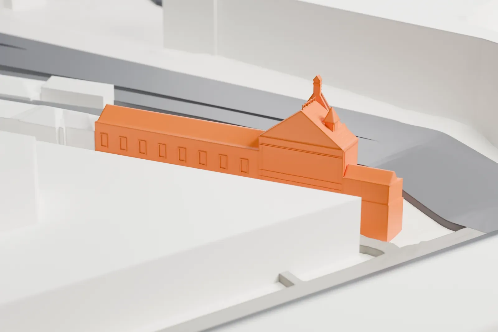 A white 3D print of Berlin Frankfurter Allee station among the streets and buildings of Berlin.