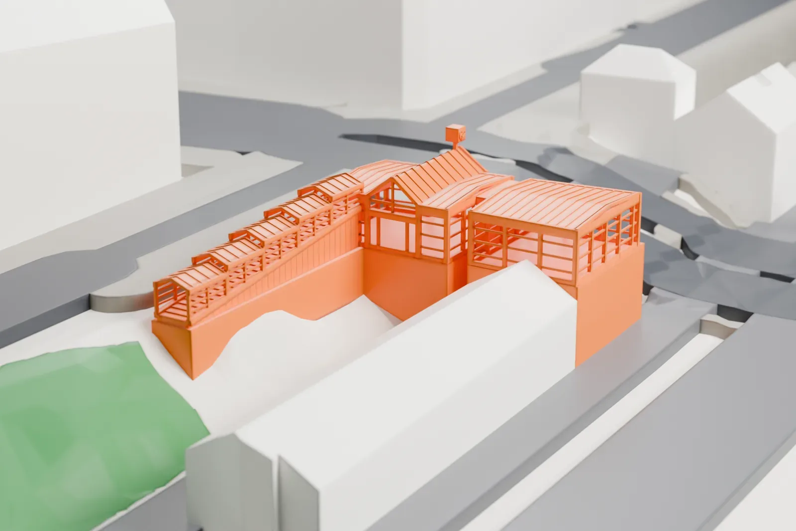 A white 3D print of Berlin Hermannstraße station, a low station building among tracks, streets and city buildings.