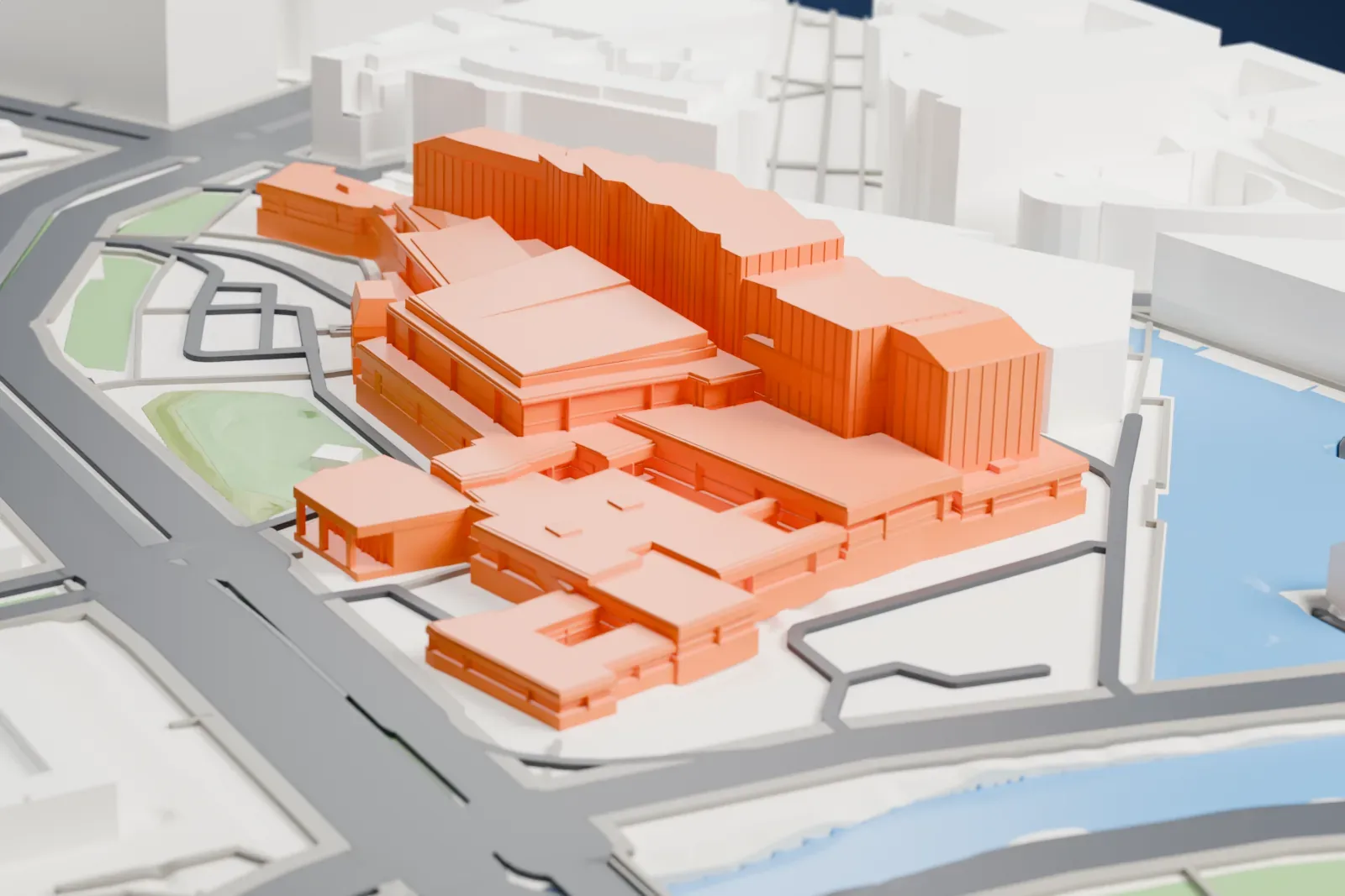 A white 3D print of the Berlin State Library among the surrounding streets and buildings of Berlin.