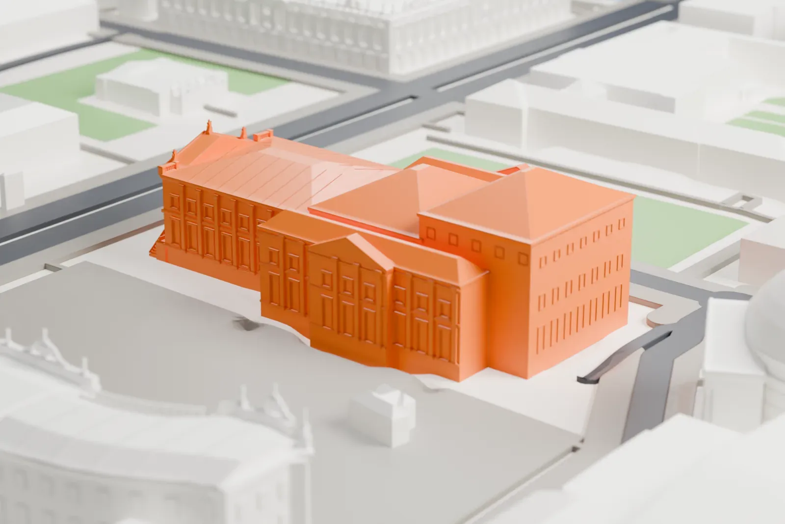 A white 3D print of the Berlin State Opera, a long, low block on the Unter den Linden boulevard with surrounding buildings.