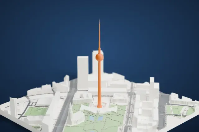 A white 3D print of the Berlin TV Tower model in Berlin, with the streets around it.