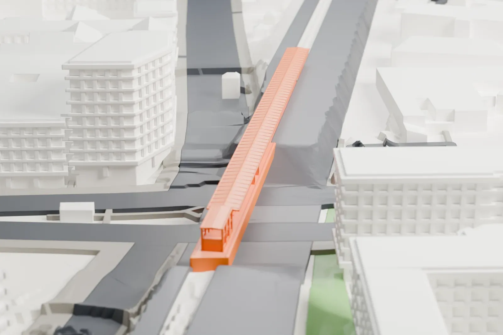 A white 3D print of Berlin-Wedding station among the surrounding streets and buildings.