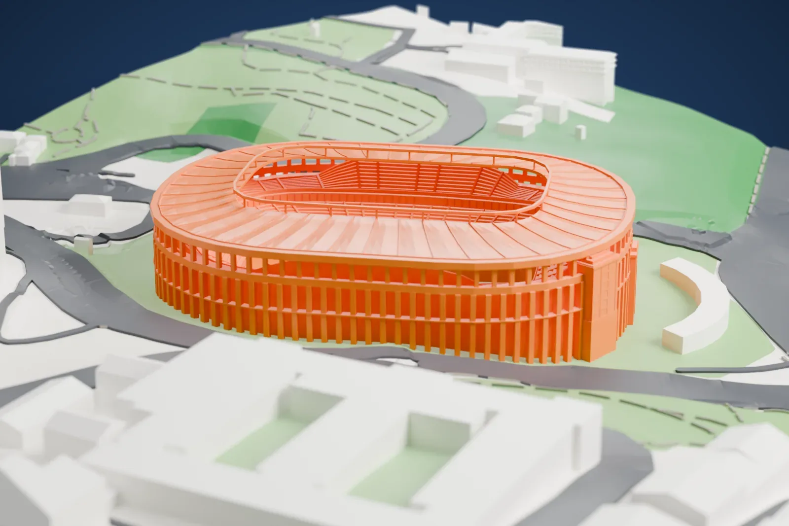 A white 3D print of Beşiktaş Stadium, an oval bowl under a continuous roof canopy, with a colonnade of stone piers and two historic towers on one side, among surrounding streets and buildings.