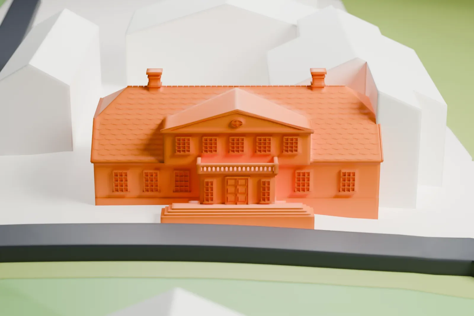 A white 3D print of Bessastaðir, a low house with a steep half-hipped roof, a central dormer and paired chimneys, among the surrounding buildings.