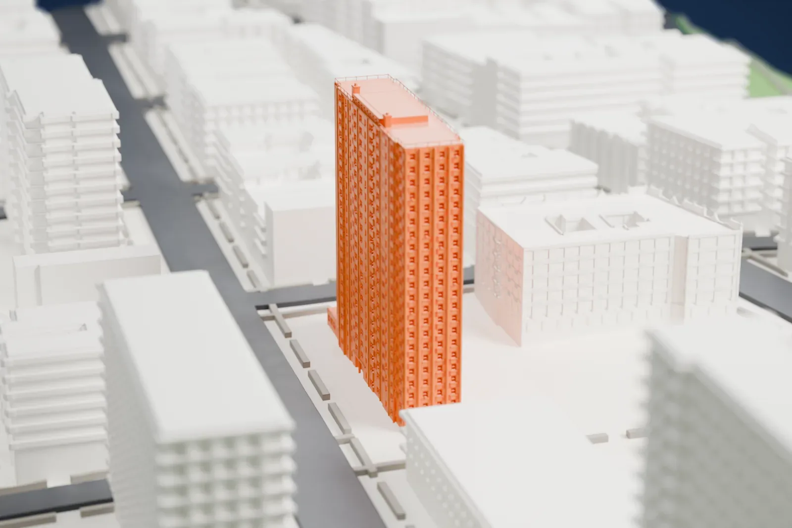 A white 3D print of Bethune Gardens, a tall slab tower rising above lower buildings and streets.