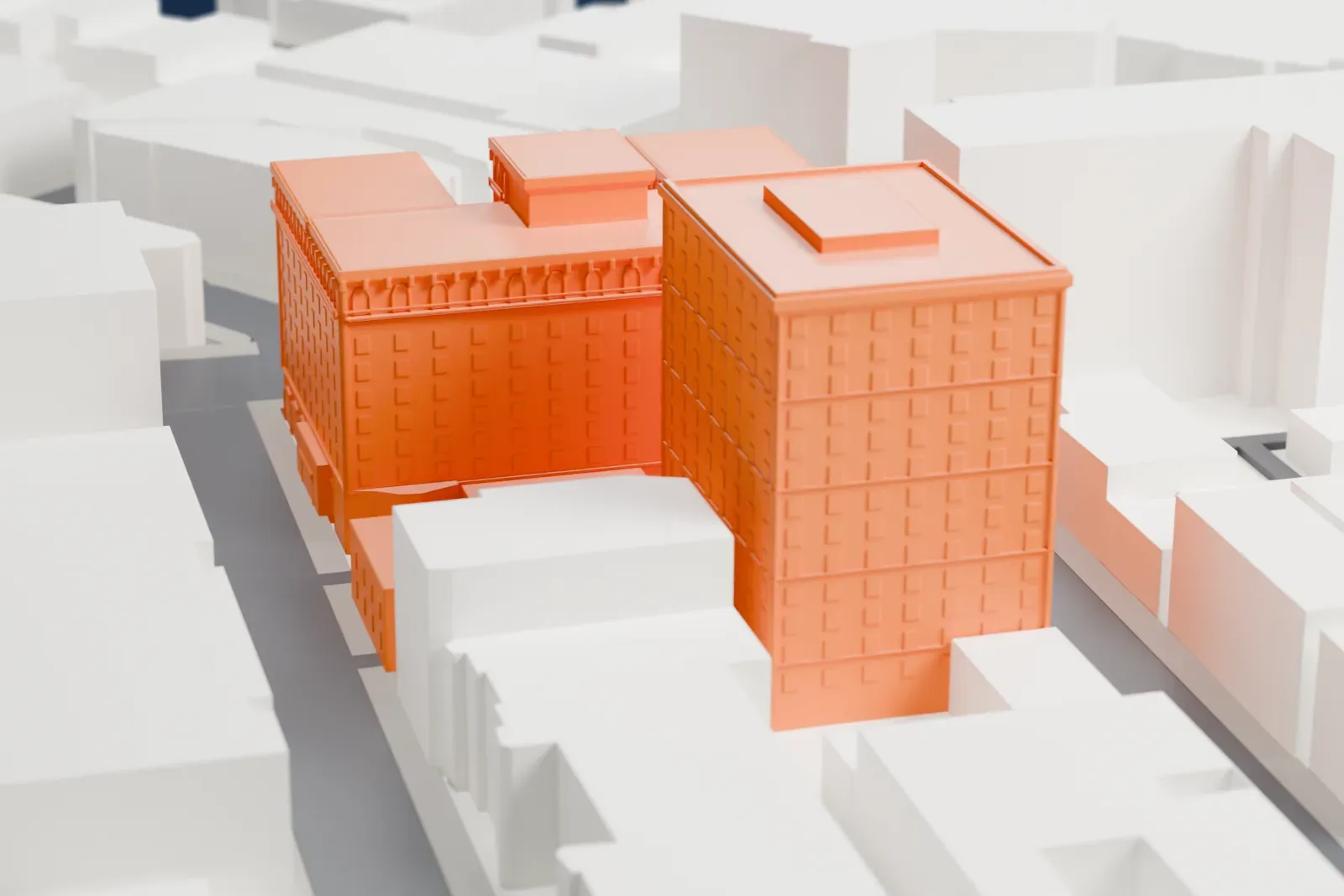 A white 3D print of the Beverly Wilshire, a broad hotel, among the surrounding streets and buildings of Beverly Hills.