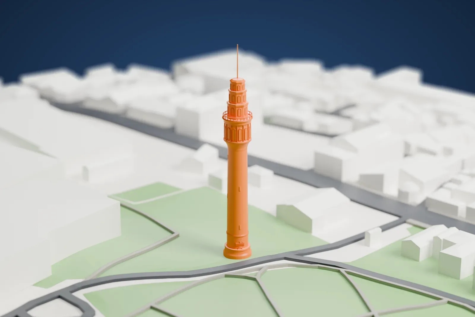 A white 3D print of Beyazıt Tower in Istanbul, with surrounding streets and buildings.