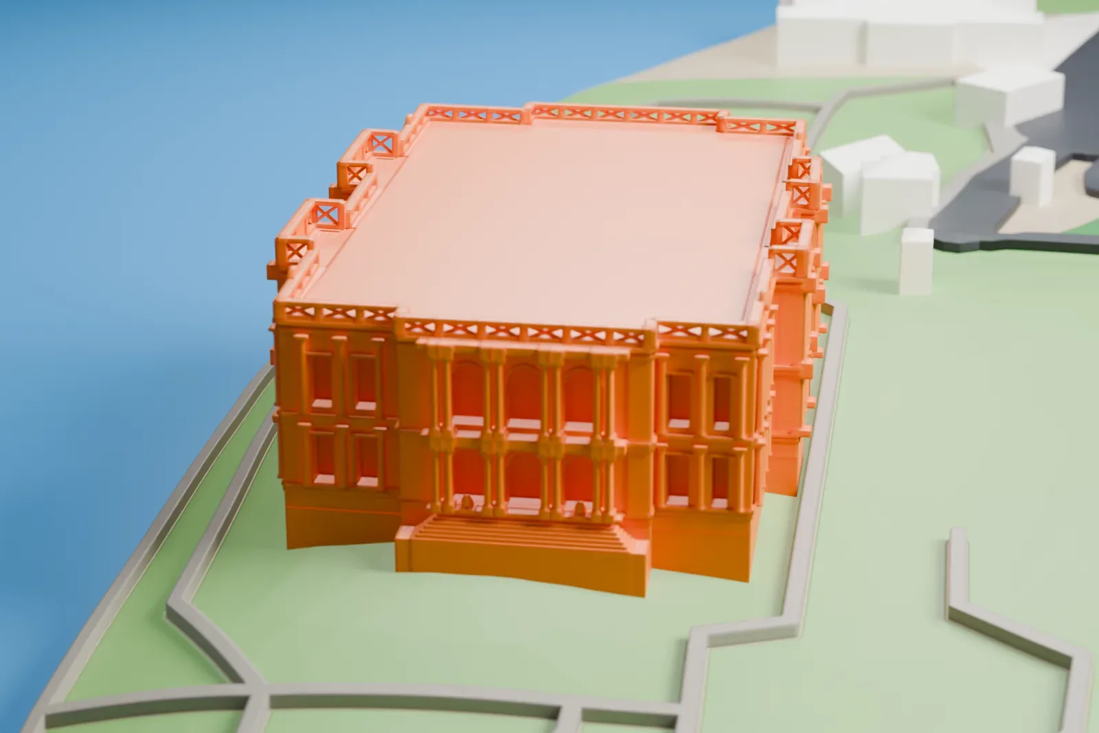 A white 3D print of Beylerbeyi Palace, an Ottoman palace, among the surrounding street blocks.