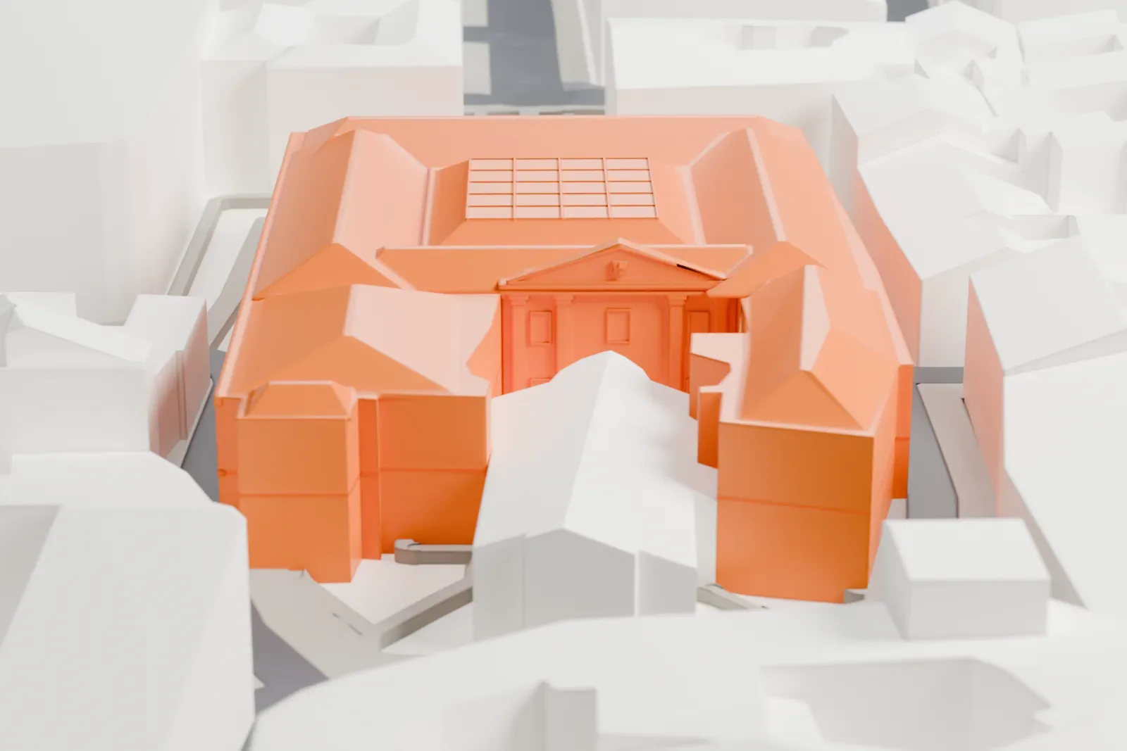A white 3D print of the Biblioteca Ambrosiana among the surrounding streets and buildings of Milan.