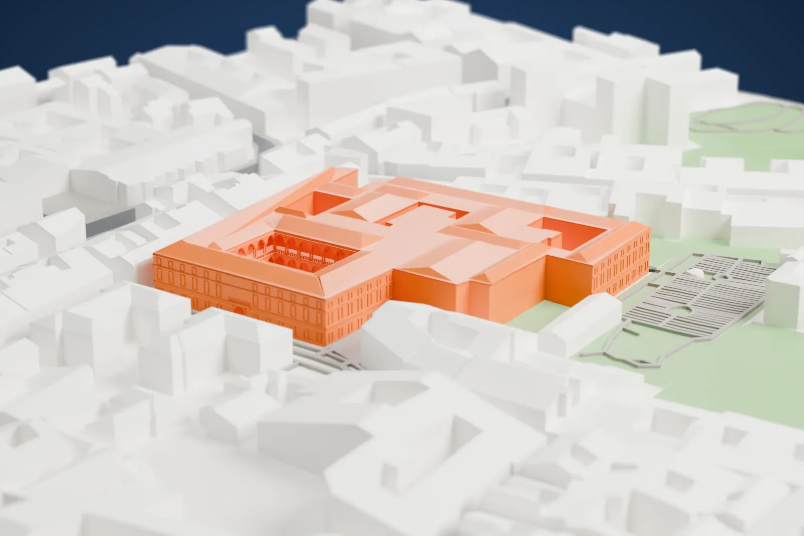 A white 3D print of the Biblioteca di Brera among the surrounding streets and buildings.