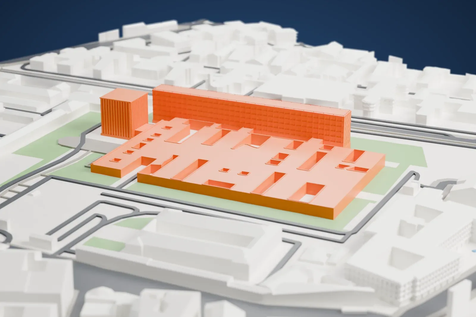 A white 3D print of the Biblioteca Nazionale Centrale di Roma, a large library building, among the surrounding streets and buildings.