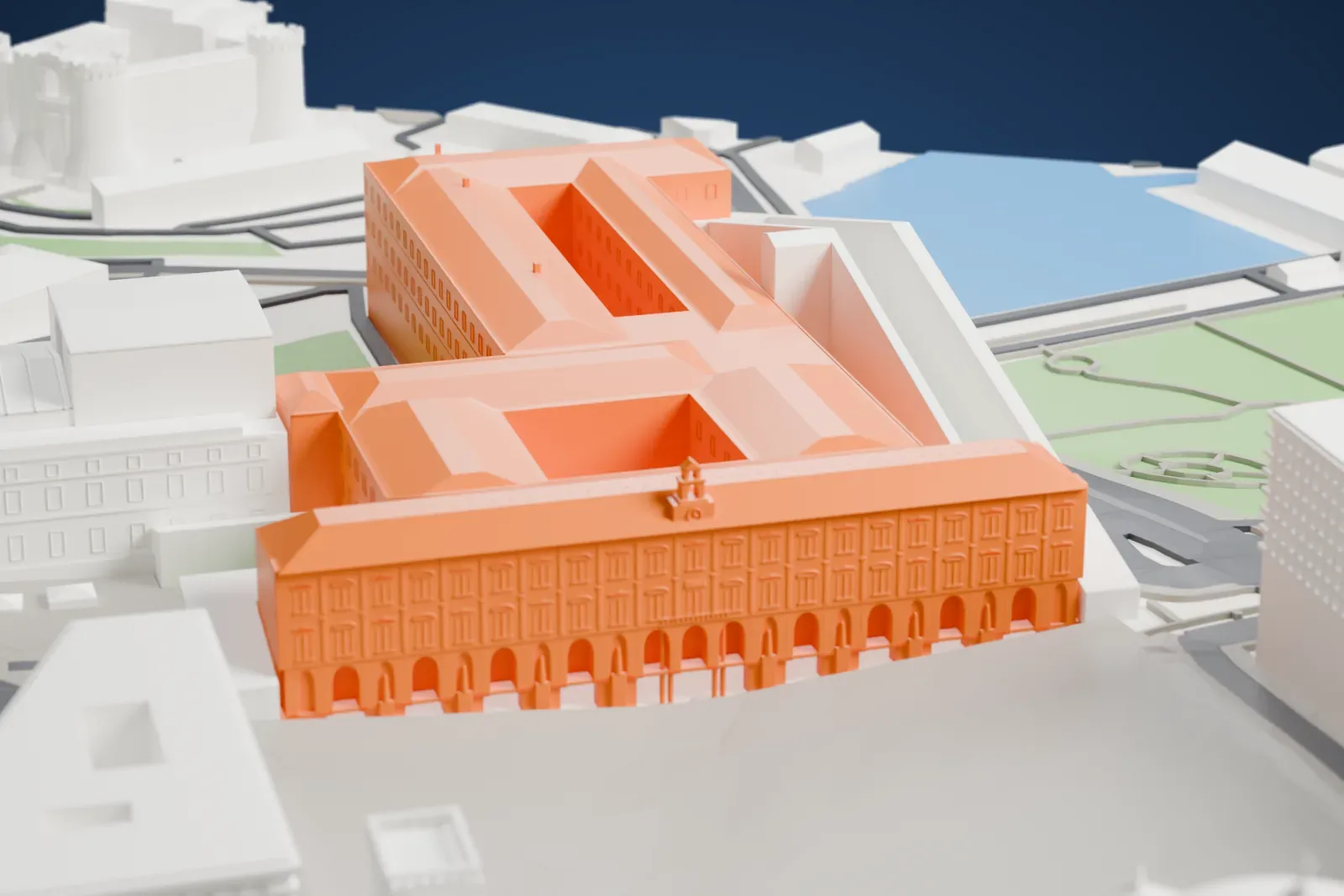 A white 3D print of the Biblioteca Nazionale Vittorio Emanuele III among the surrounding streets and buildings.