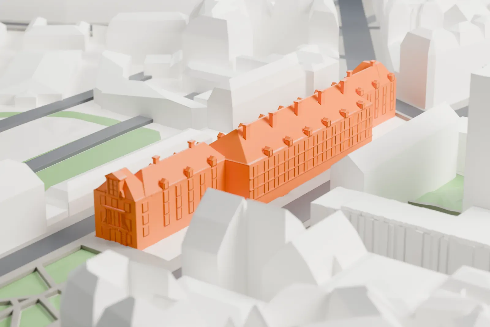A white 3D print of the Bibliothèque de l'Arsenal among surrounding streets and buildings.